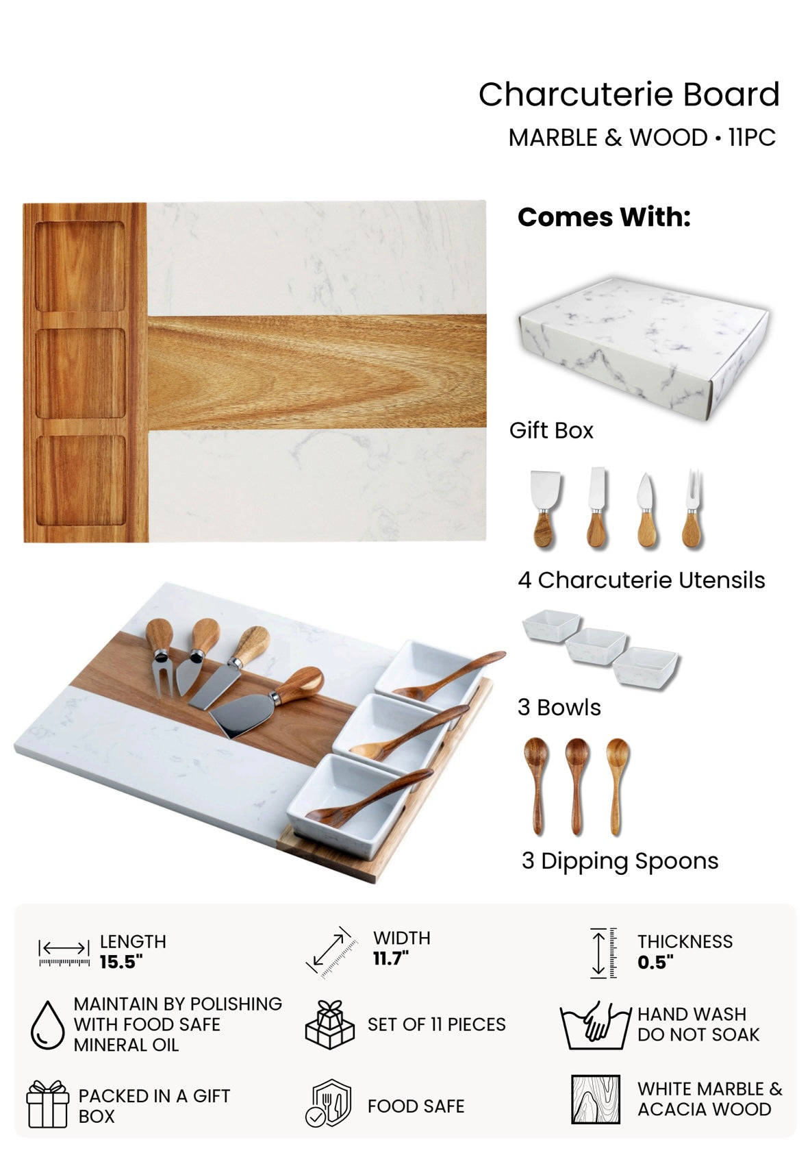 Marble Charcuterie Board 11 Piece Set
