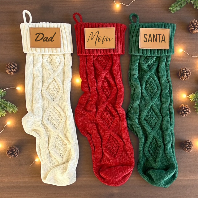 Cable Knit Christmas Stocking with Personalized Leather Patch