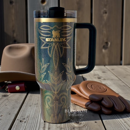 Laser Engraved Leather Tooled Boot Pattern Western Stanley Tumbler