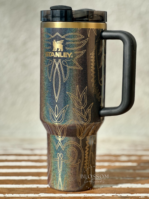 Laser Engraved Leather Tooled Boot Pattern Western Stanley Tumbler