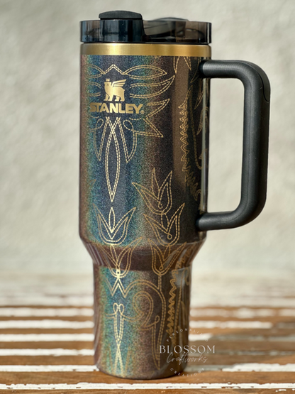 Laser Engraved Leather Tooled Boot Pattern Western Stanley Tumbler