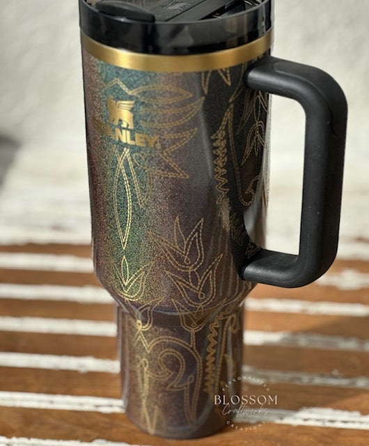 Laser Engraved Leather Tooled Boot Pattern Western Stanley Tumbler