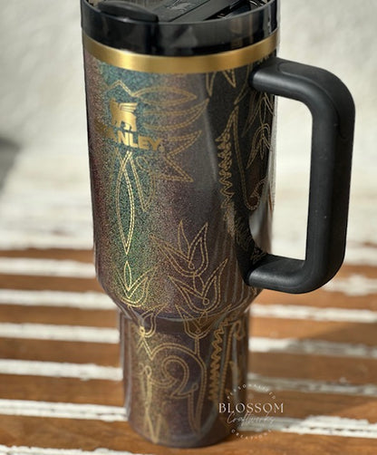 Laser Engraved Leather Tooled Boot Pattern Western Stanley Tumbler