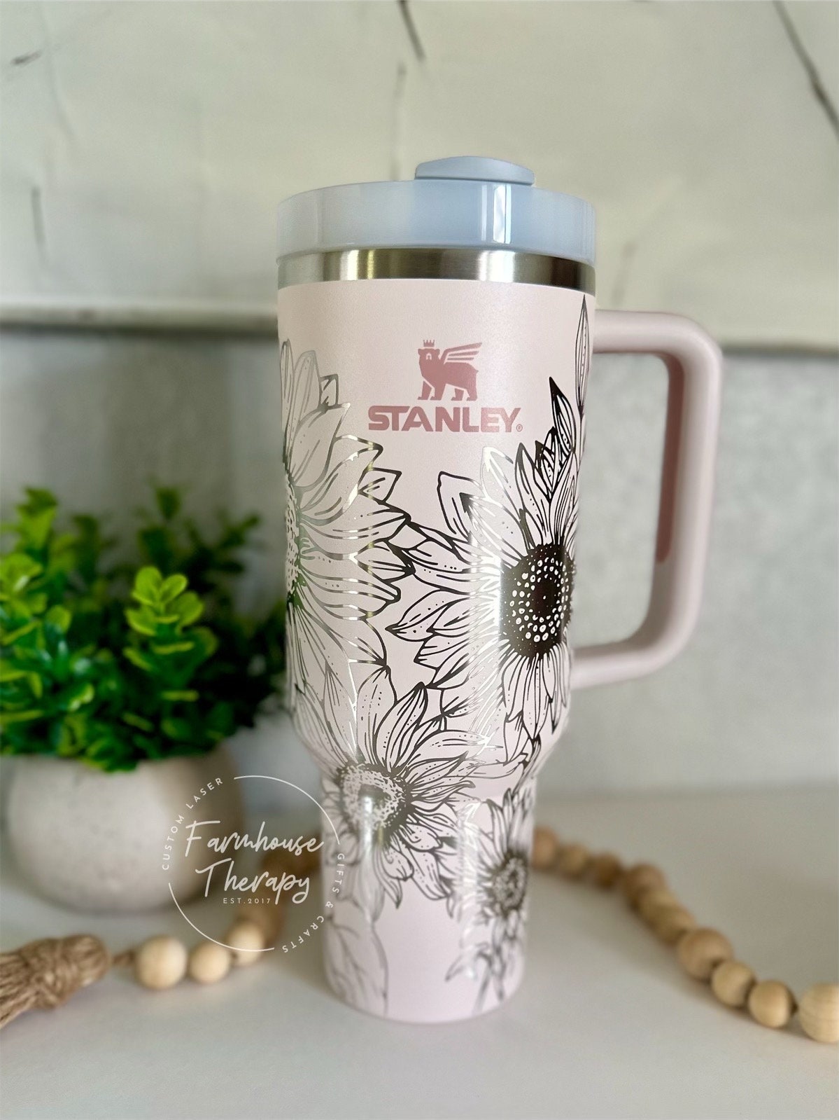 Laser Engraved Sunflower Tumbler: 40oz Floral Stainless Steel Cup