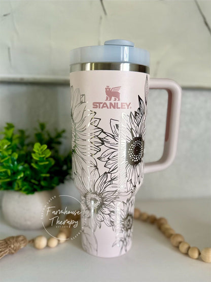 Laser Engraved Sunflower Tumbler: 40oz Floral Stainless Steel Cup