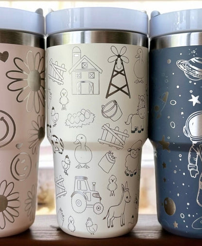 20oz 30oz Laser Engraved Kids Toddler Water Bottle Stanley Tumbler Flip Straw