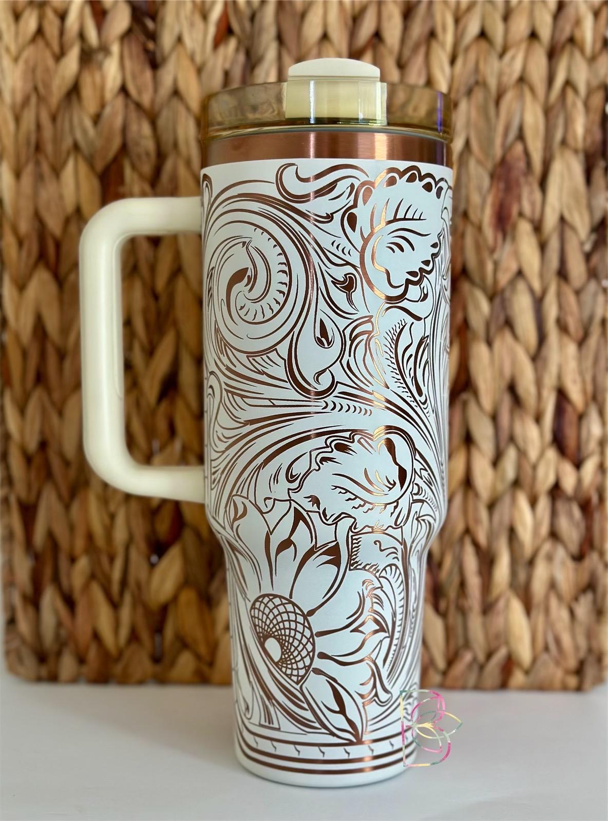Tooled Leather Western Floral Engraved Tumbler