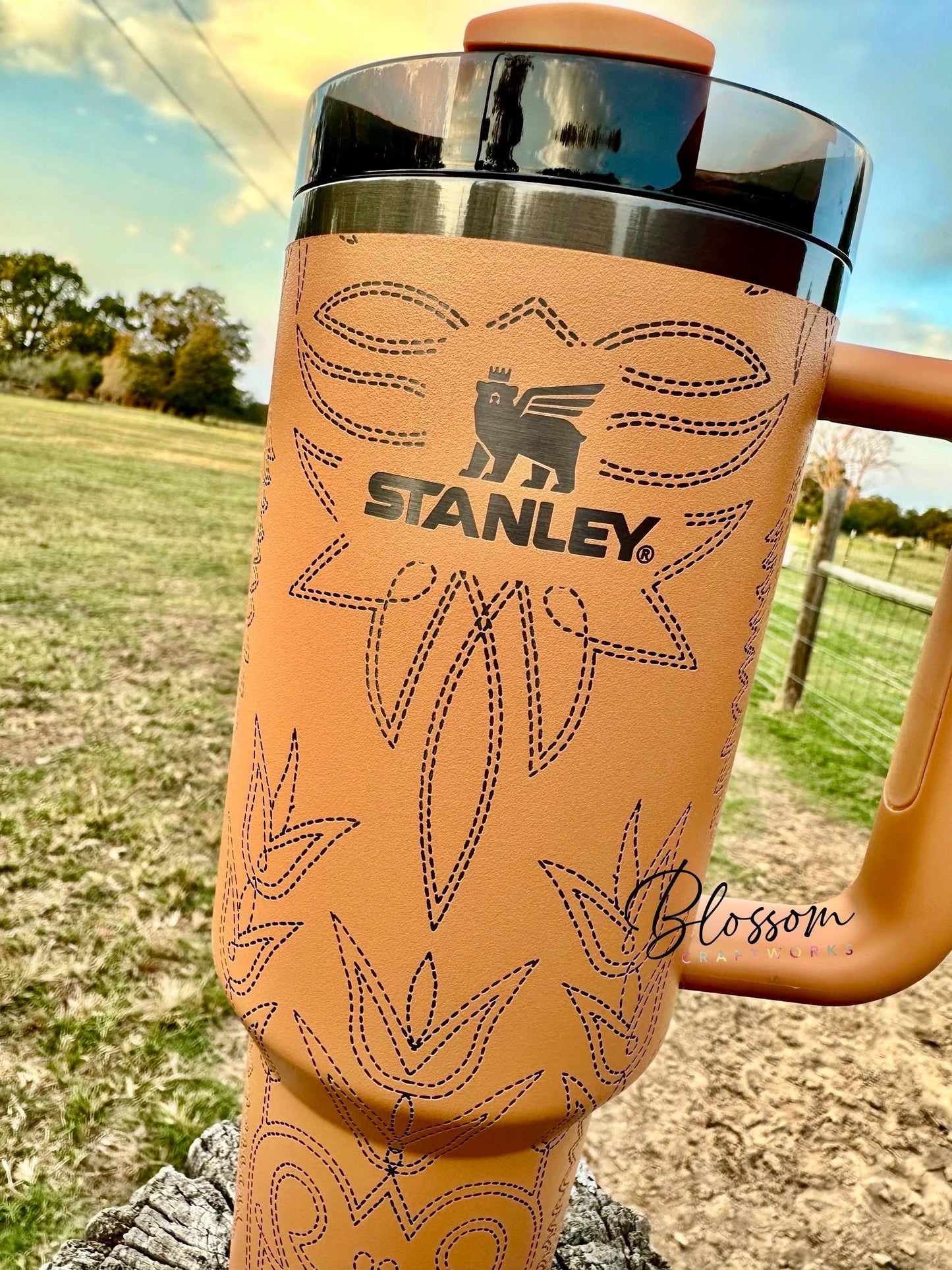 Laser Engraved Western Tooled Leather Boot Stitch Tumbler