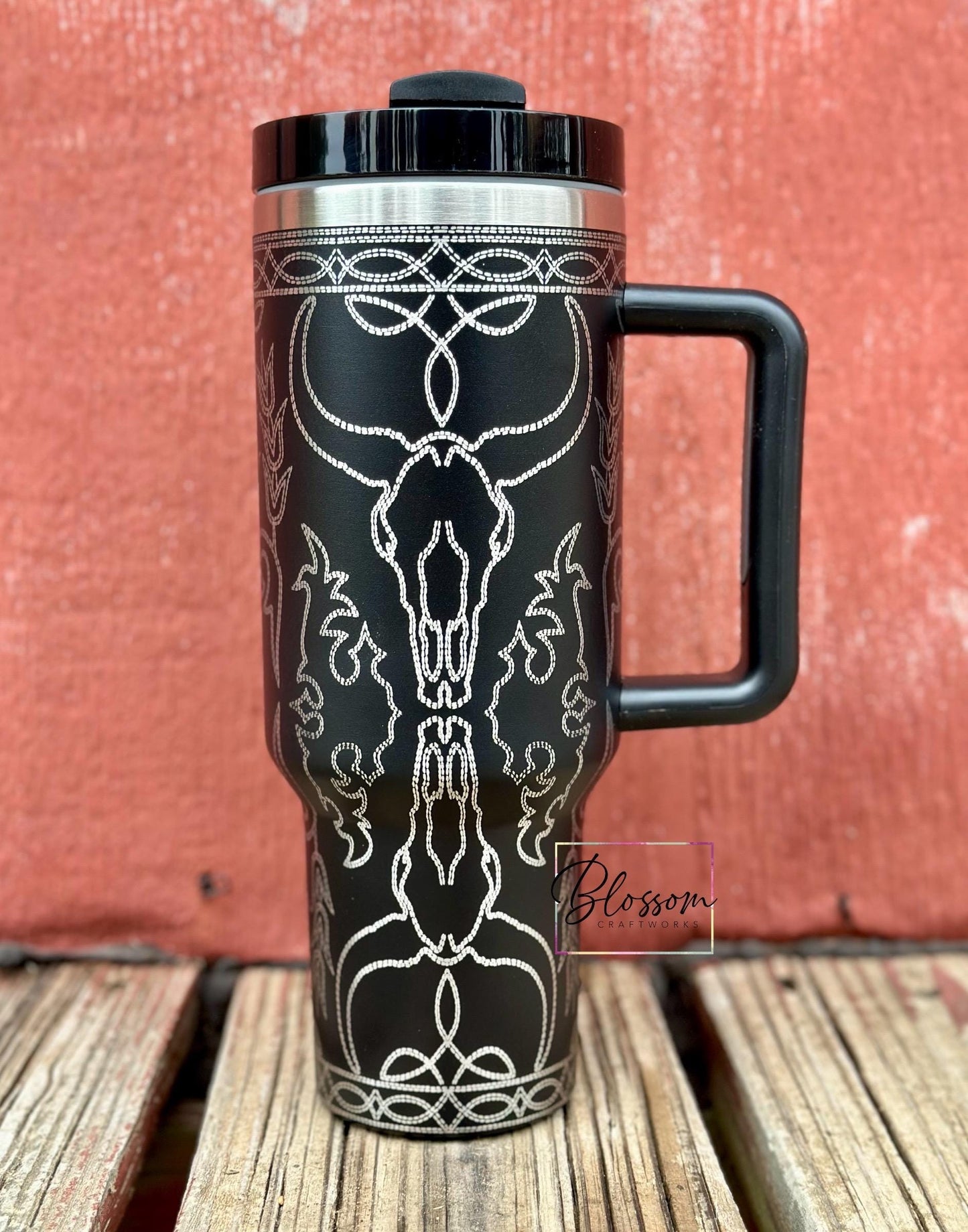 Laser Engraved Stiched Longhorn Boot Pattern Western Tumbler