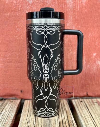 Laser Engraved Stiched Longhorn Boot Pattern Western Tumbler