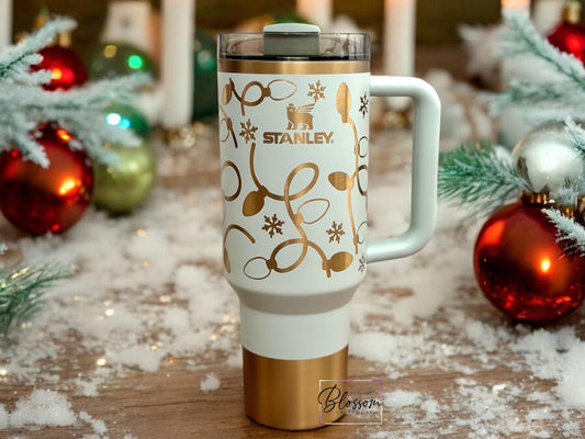 Laser Engraved Christmas Lights Snowflake Merry Christmas Tumbler With Handle, Lid, & Straw
