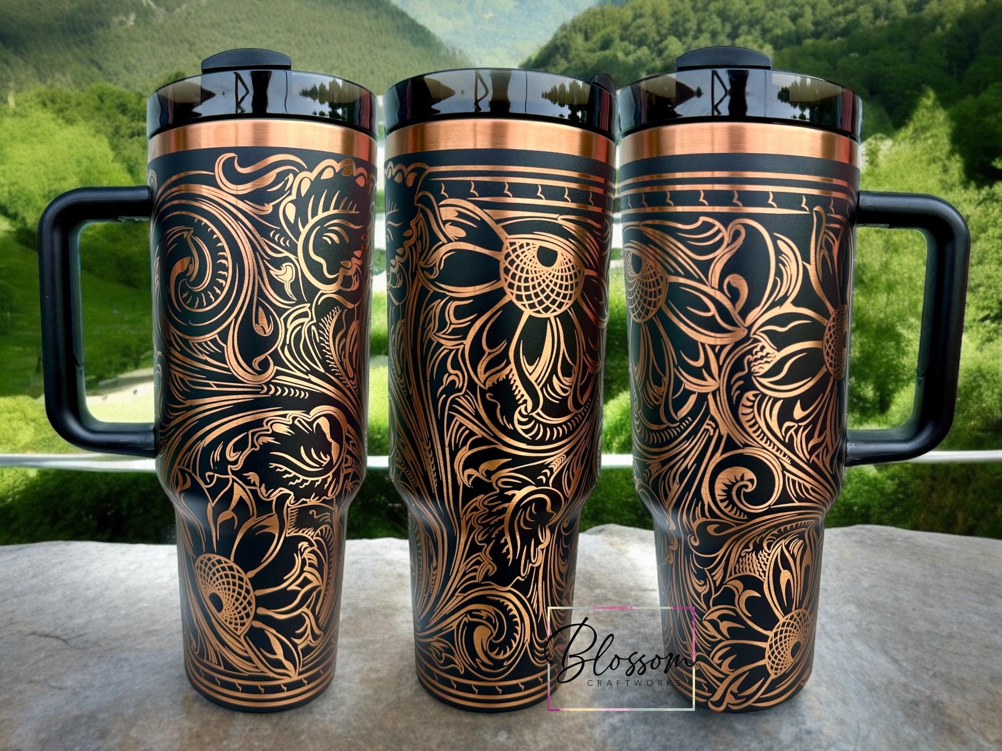 Tooled Leather Western Floral Engraved Tumbler