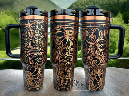 Tooled Leather Western Floral Engraved Tumbler