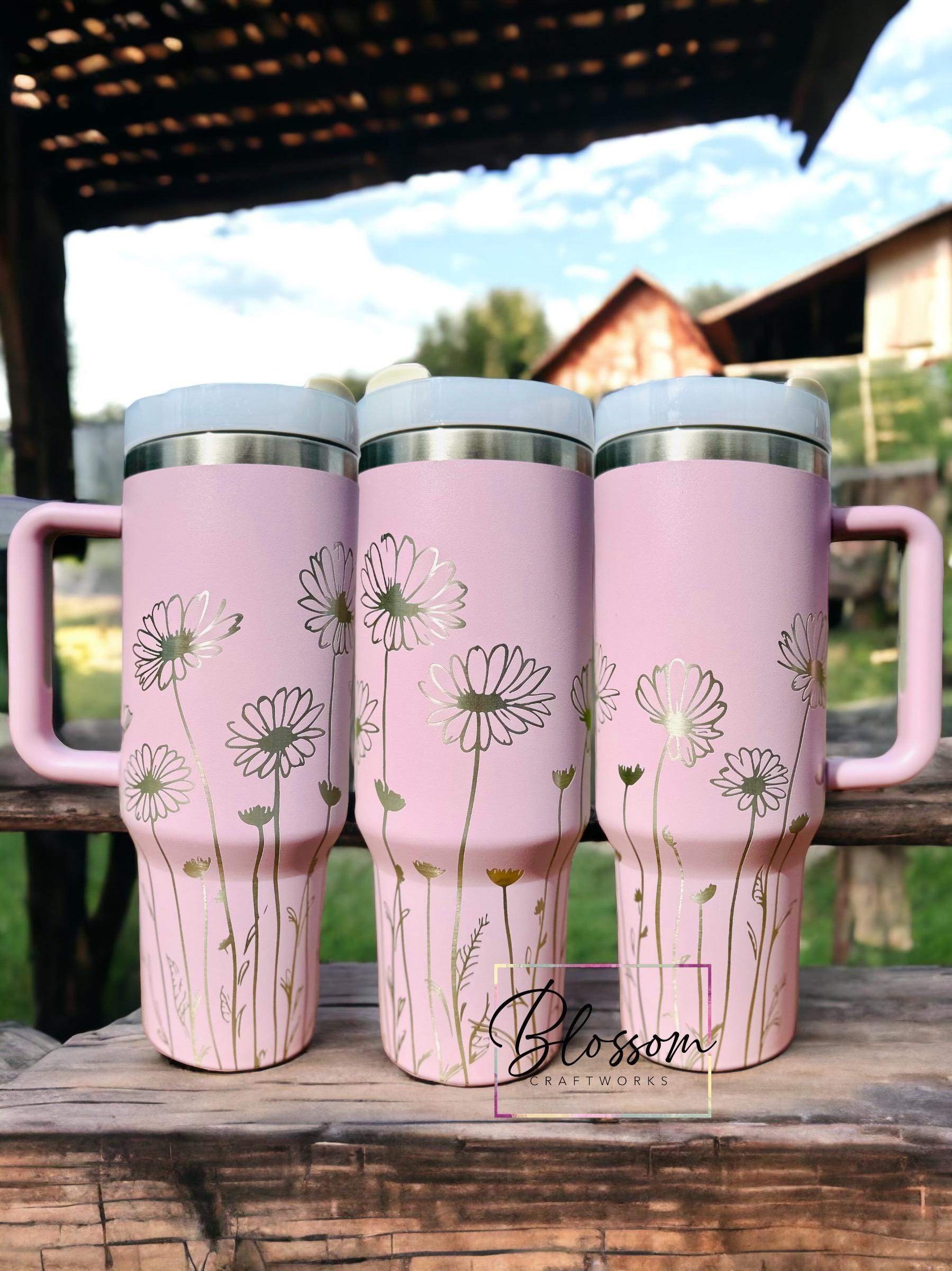 40oz Laser Engraved Daisies Flower Wrap Tumbler With Handle, Lid, & Straw