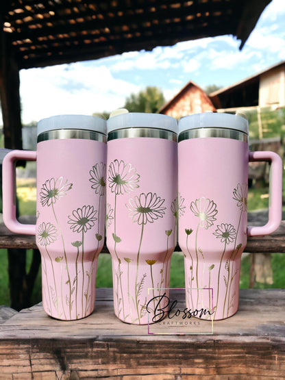 40oz Laser Engraved Daisies Flower Wrap Tumbler With Handle, Lid, & Straw