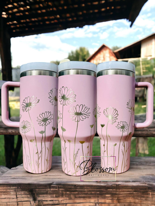 40oz Laser Engraved Daisies Flower Wrap Tumbler With Handle, Lid, & Straw