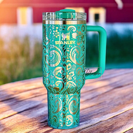 Laser Engraved Floral Paisley Stanley Tumbler - Gumdrop Green 40oz