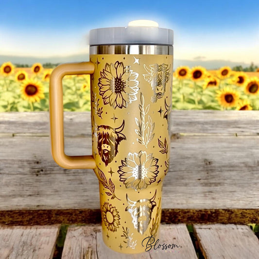 40oz Laser Engraved Highland Cow, Sunflower, Western Tumbler