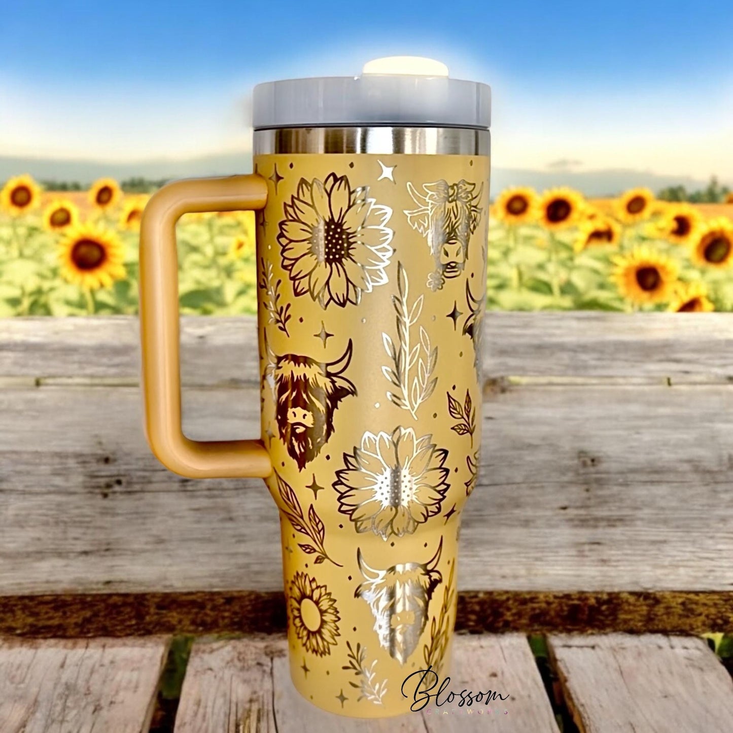 Highland Cow, Sunflower, Western Laser Engraved Tumbler