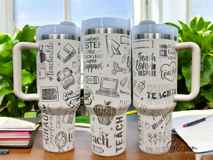 Laser Engraved 40oz Teacher Tumbler with Handle & Lid