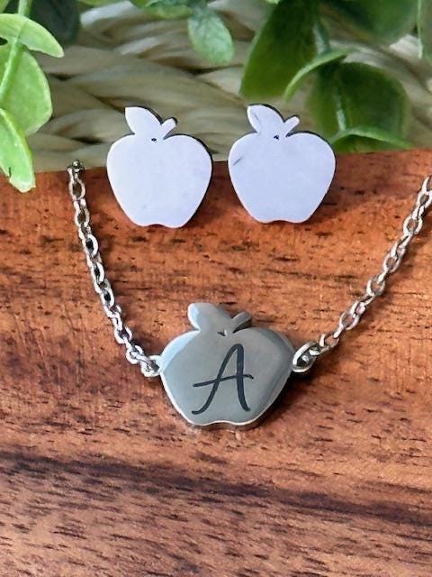 Personalized Apple Necklace and Earring Set – Custom Engraved Name or Initials – Teacher Gift, End of School Year, Back to School Jewelry