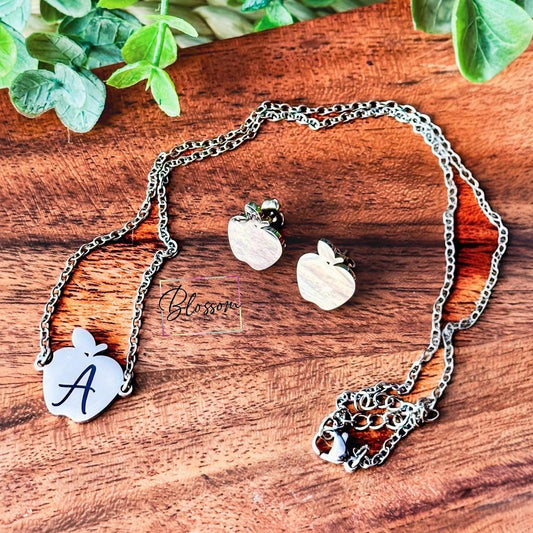 Personalized Apple Necklace and Earring Set – Custom Engraved Name or Initials – Teacher Gift, End of School Year, Back to School Jewelry