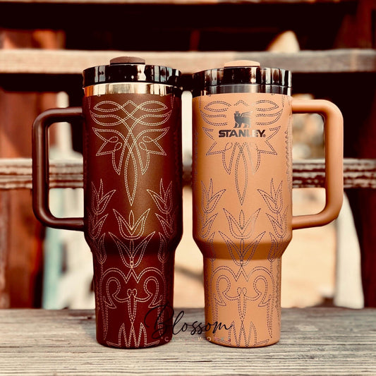 Laser Engraved Leather Tooled Boot Pattern Western Stanley Tumbler