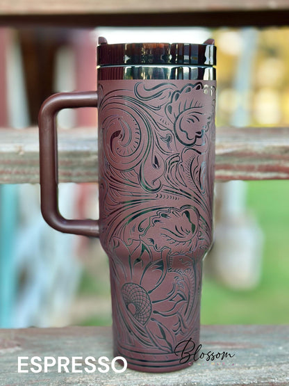 Tooled Leather Western Floral Engraved Tumbler