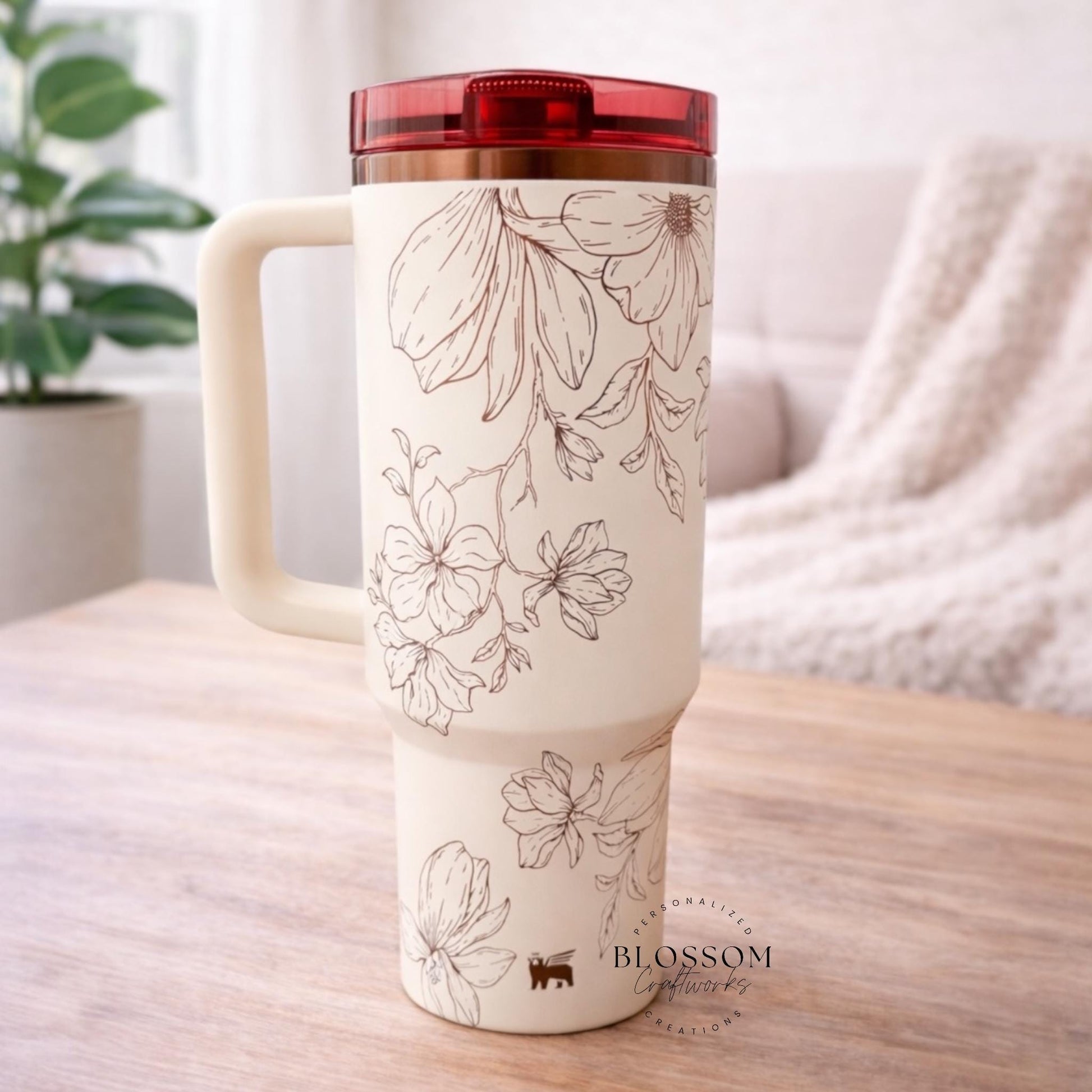 Magnolia Hand Drawn Laser Engraved Stanley Tumbler