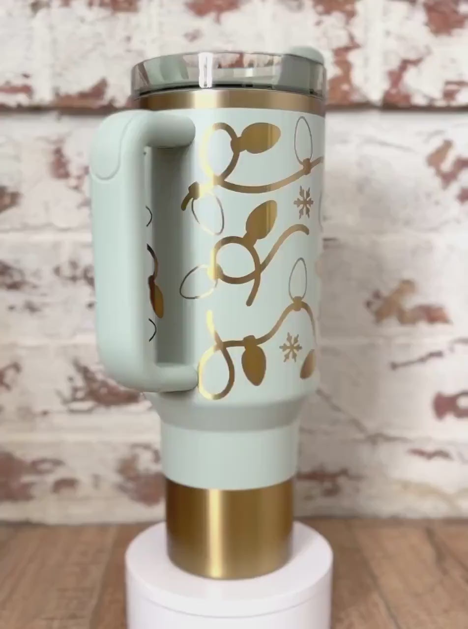 Laser Engraved Christmas Lights Snowflake Merry Christmas Tumbler With Handle, Lid, & Straw